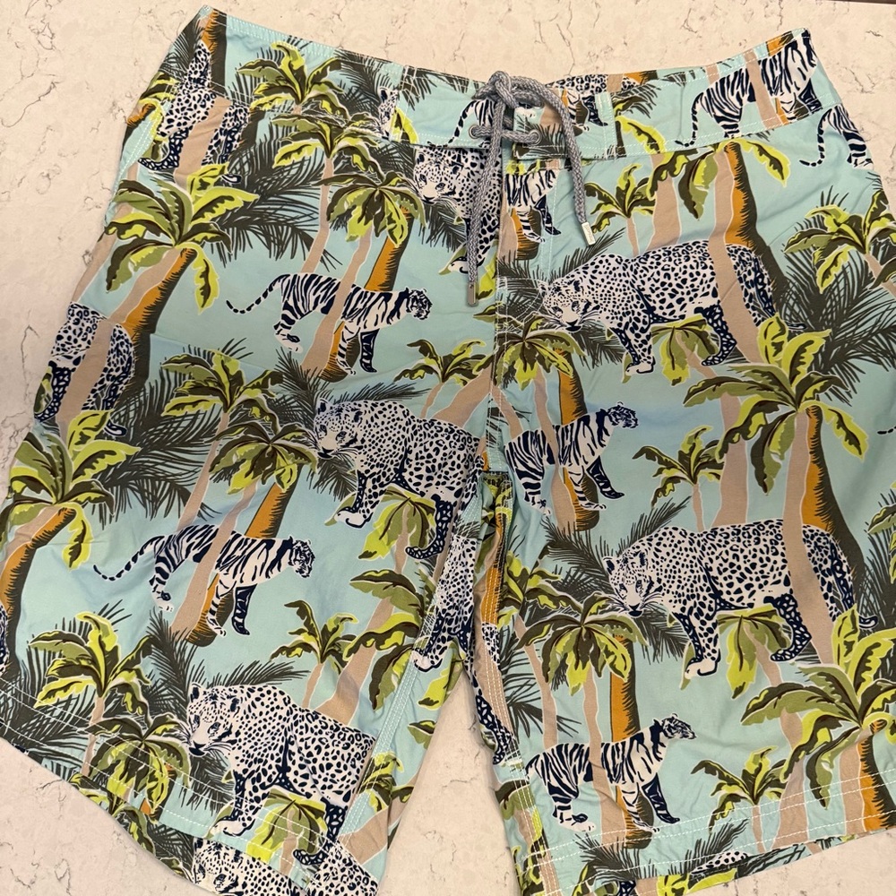 Vilebrequin Mint Swim/Board Trunks with Tropical Leopard & Tiger Motif